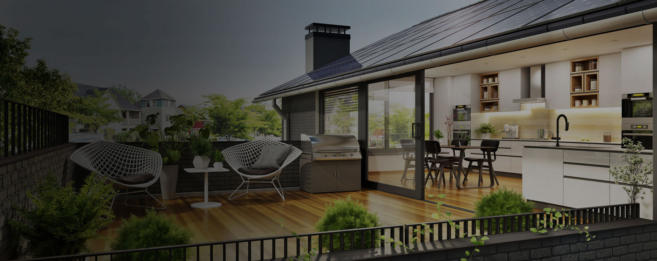 Modern home with rooftop solar panels at golden hour